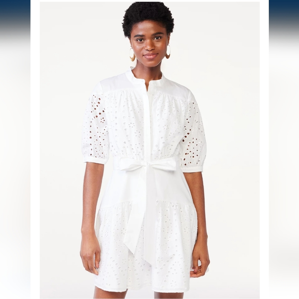 NWT Scoop Women's Eyelet Shirt Shirt Dress w/ Volume Sleeves, XL (16-18), White